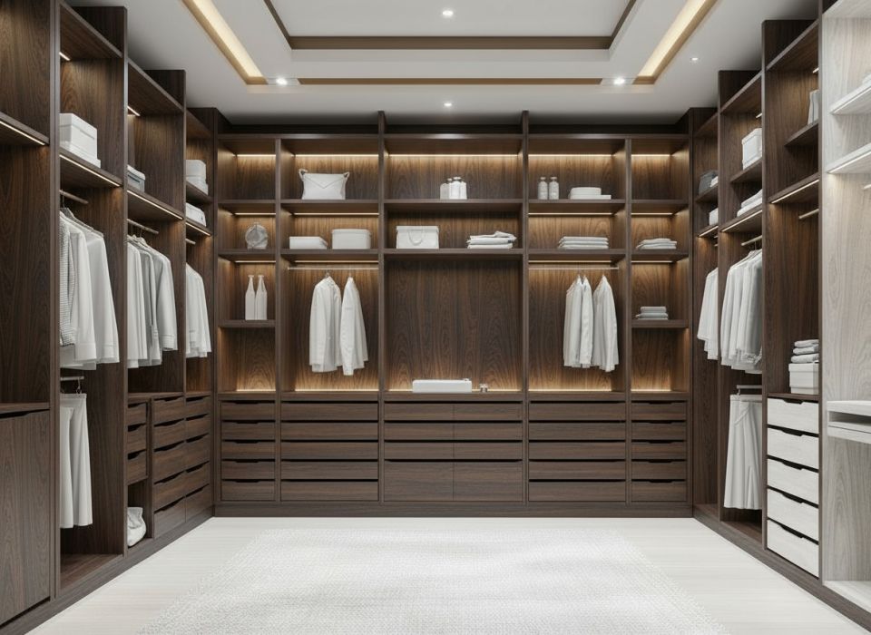 Giyinme Odası Dolabı Ceviz Ahşap Dokulu