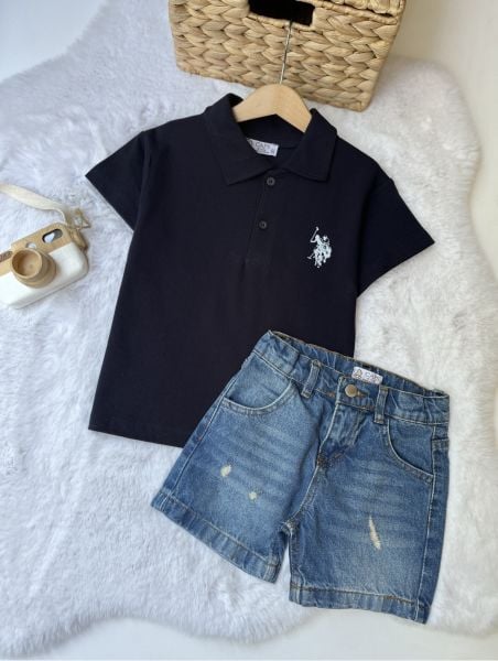 Polo yaka tişört denim şort takım