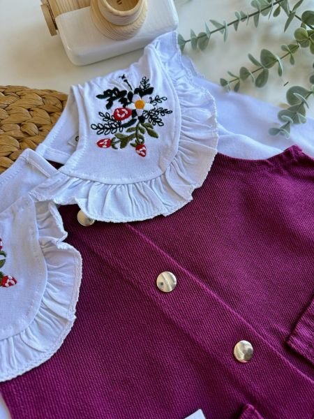 Bebe yaka çiçek detaylı bordo jile