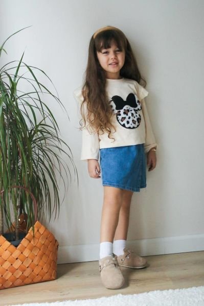 Minnie detaylı denim şort etekli takım