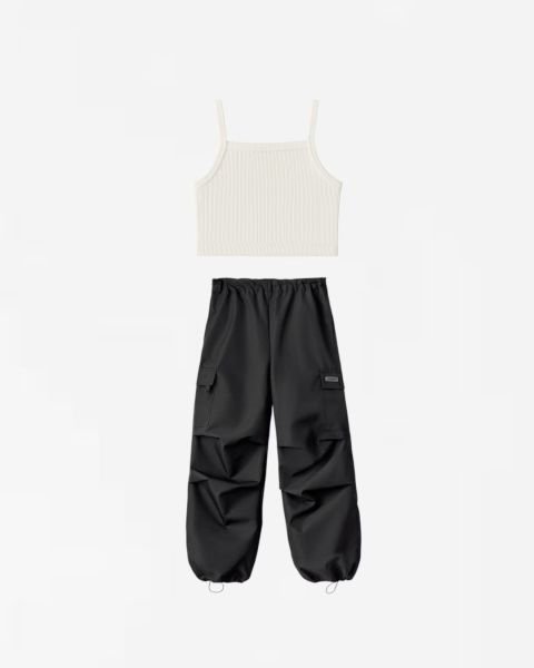 Paraşüt pantolon crop takım siyah