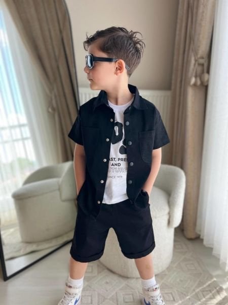 Gabardin şortlu 3lü set siyah