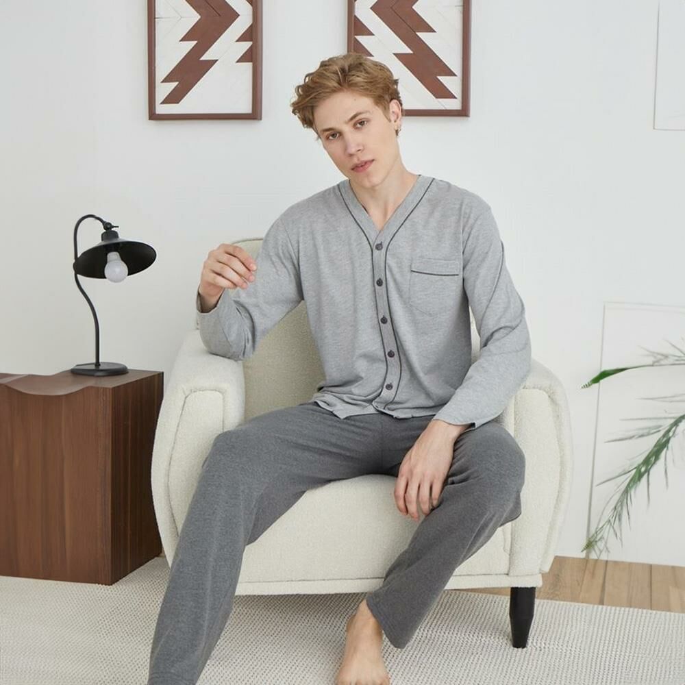 Kly 6007 Erkek Kışlık Orta Kalın Önden Düğmeli Pijama Takım