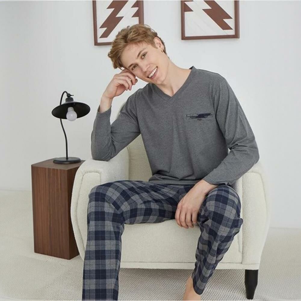 Kly 6003 Erkek Kışlık Orta Kalın V-Yaka Pijama Takım
