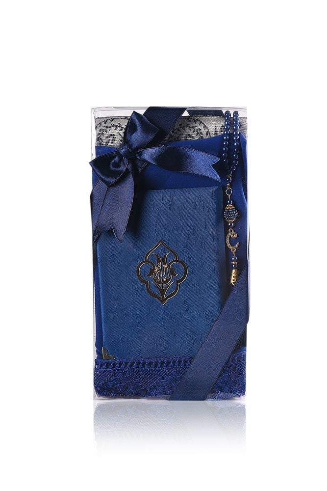 AFRA SERİSİ 4'lü SET ( Pamuk Seccade+ İnci Tespih +Yasin + Güpürlü Şal ) NO:2 SAKS