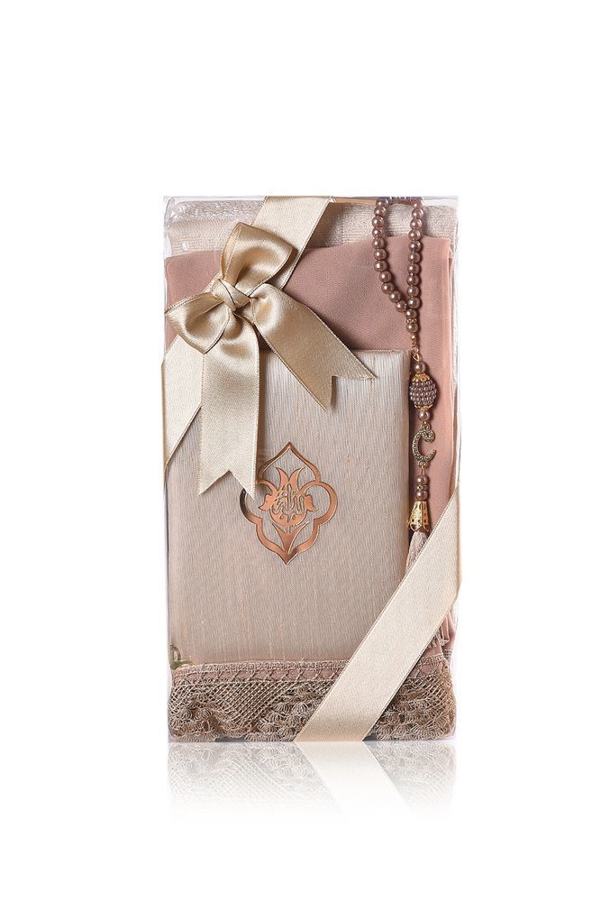 AFRA SERİSİ 4'lü SET ( Pamuk Seccade+ İnci Tespih +Yasin + Güpürlü Şal ) NO:2 GOLD