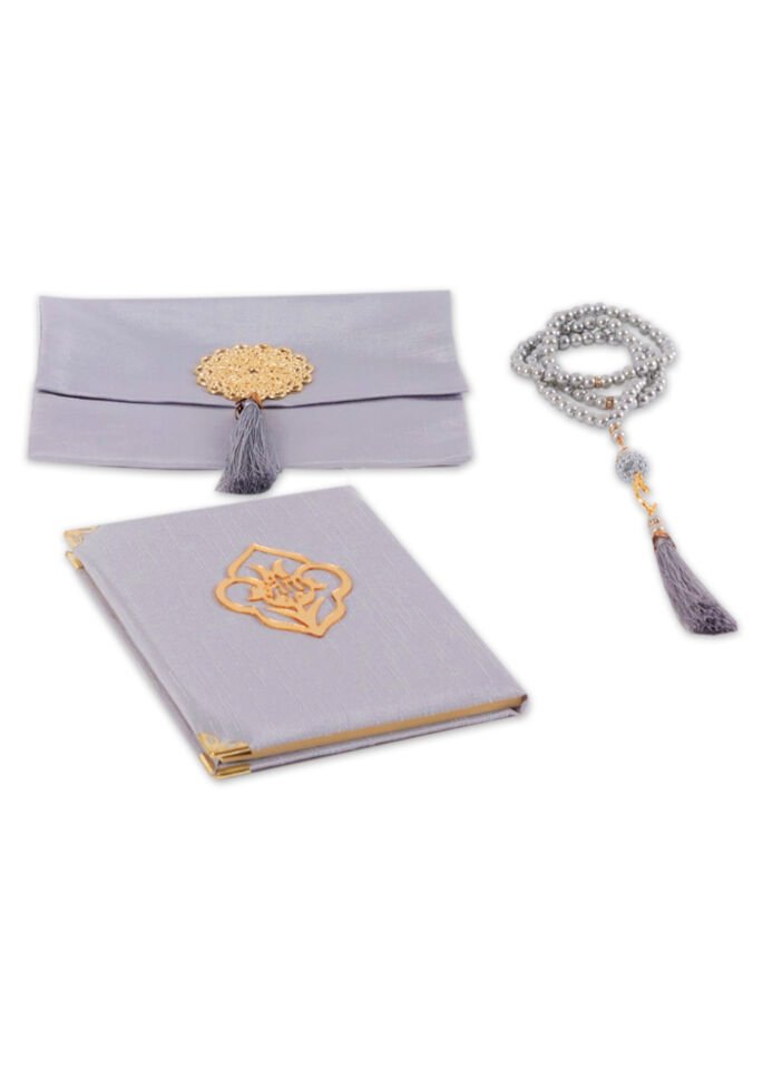 MEVA SERİSİ 3'lü SET (Madalyonlu Çanta+ Şantuk Yasin+ İnci Tespih) NO:2 GRİ