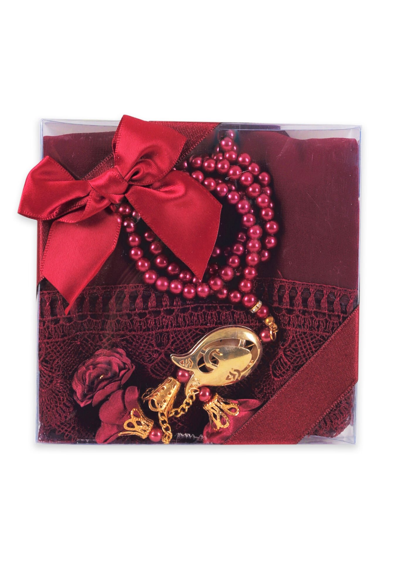 Asetat Set (Güpürlü Şal+İnci Tespih) BORDO