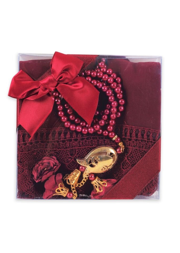 Asetat Set (Güpürlü Şal+İnci Tespih) BORDO