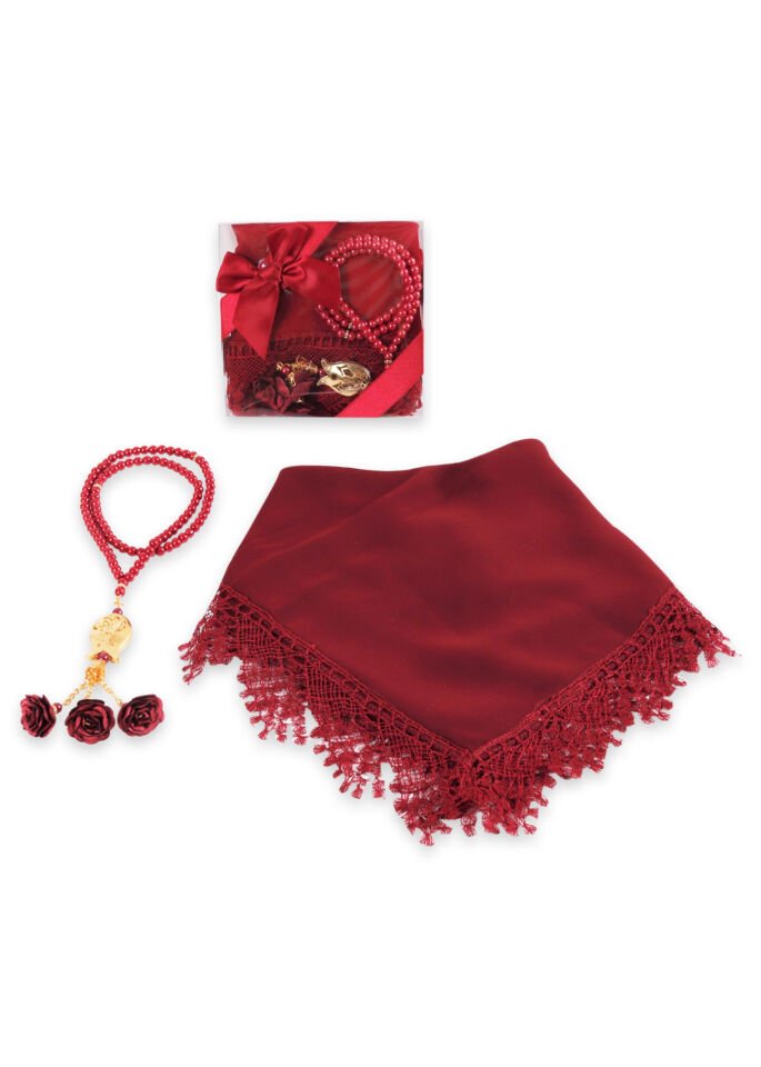 Asetat Set (Güpürlü Şal+İnci Tespih) BORDO