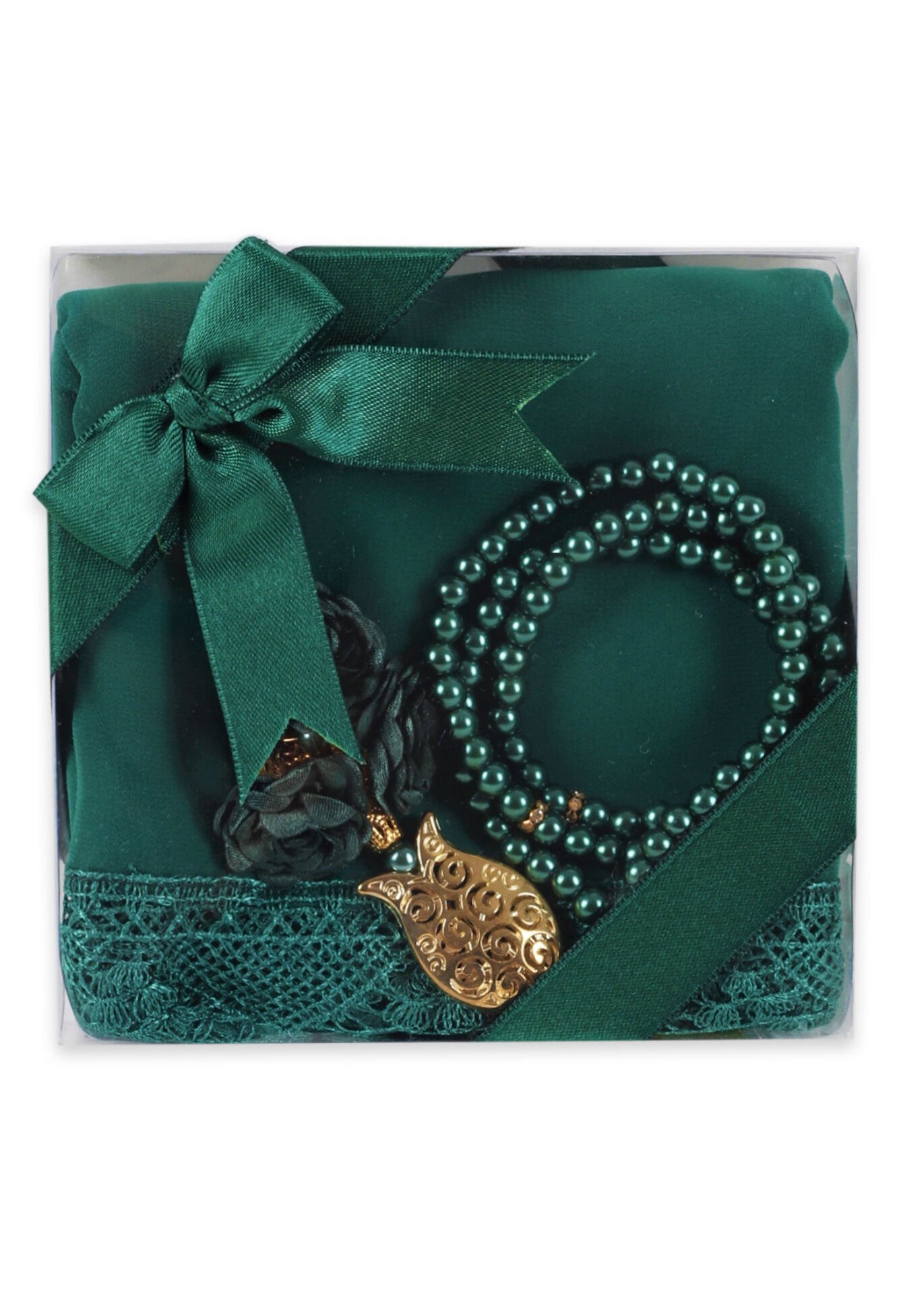 Asetat Set (Güpürlü Şal+İnci Tespih) YEŞİL