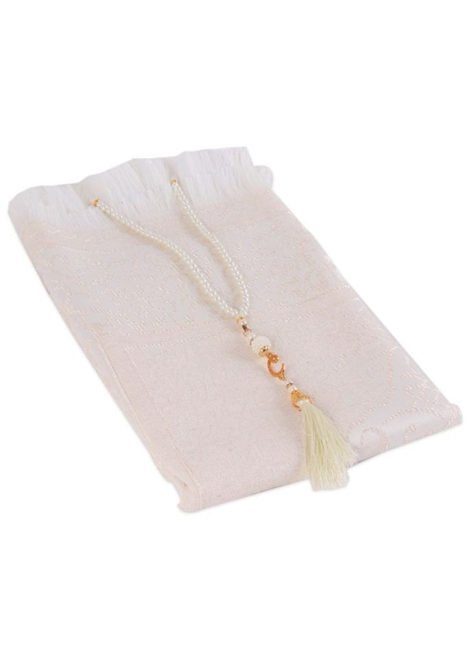 ZÜMRA SERİSİ 2'Lİ SET ( Dikdörtgen Kutulu Seccade+Tespih ) KREM