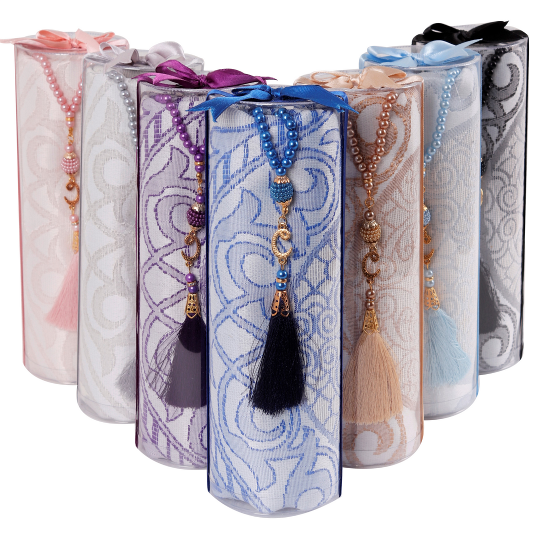 DUHA SERİSİ 2'li SET (Silindir Asetat  Pamuk Seccade+ İnci Tespih 24.5X8 )