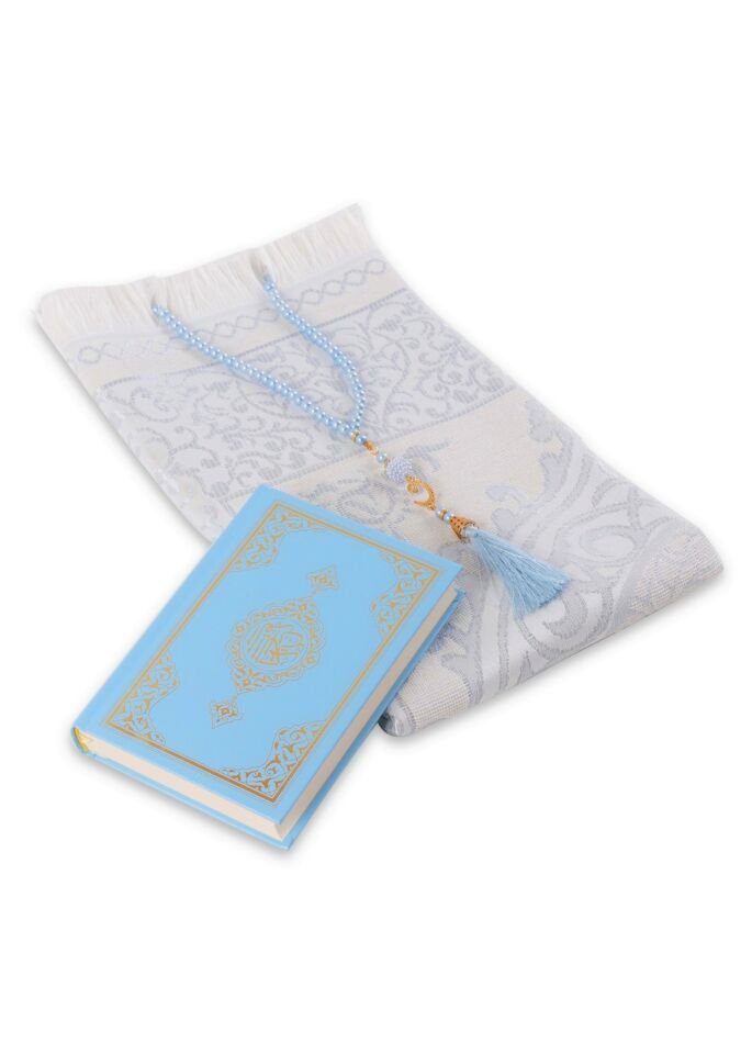 LİNA SERİSİ 3'lü SET ( Çanta Boy Termo Kuran + Seccade + İnci Tespih ) NO.2 BEBE MAVİ