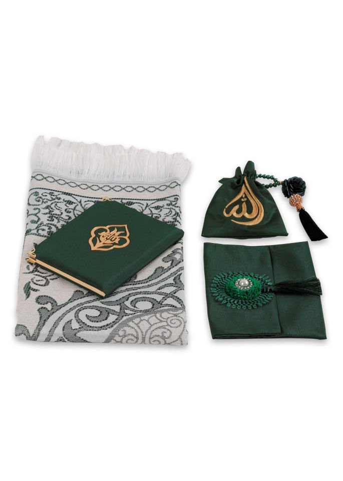 ENFAL SERİSİ 5'li SET (Seccade + Disko Tespih +  Nakış Kese + Çanta + Yasin) NO:2 YEŞİL