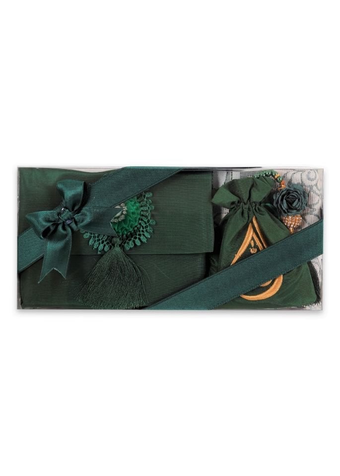 ENFAL SERİSİ 5'li SET (Seccade + Disko Tespih +  Nakış Kese + Çanta + Yasin) NO:2 YEŞİL