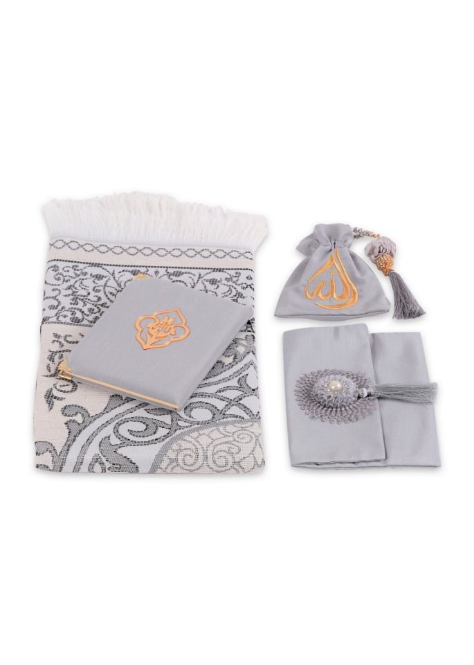 ENFAL SERİSİ 5'li SET (Seccade + Disko Tespih +  Nakış Kese + Çanta + Yasin) NO:2 GRİ