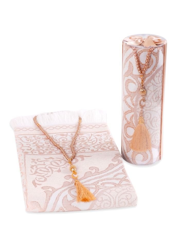 DUHA SERİSİ 2'li SET (Silindir Asetat  Pamuk Seccade+ İnci Tespih 24.5X8 ) GOLD