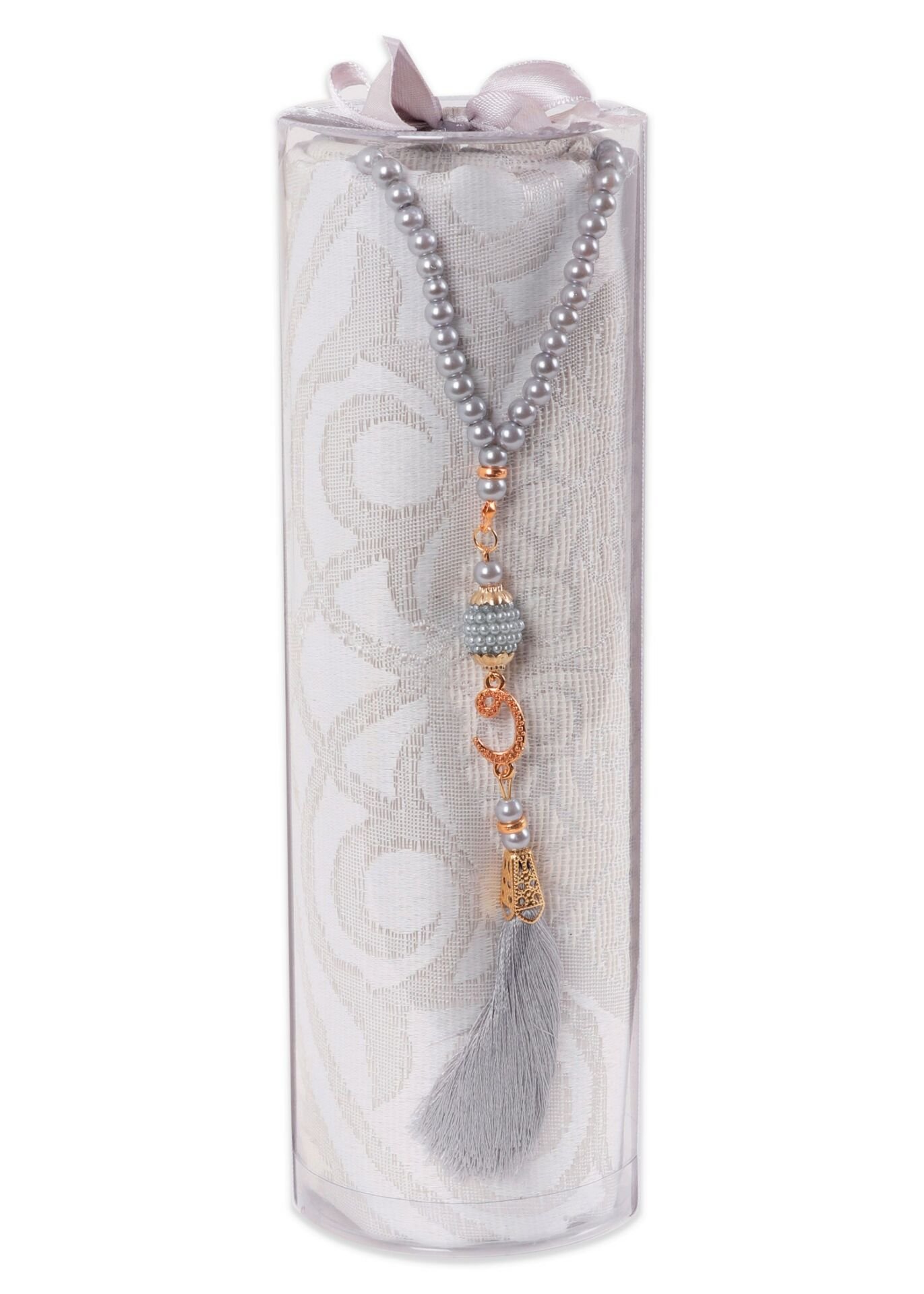DUHA SERİSİ 2'li SET (Silindir Asetat  Pamuk Seccade+ İnci Tespih 24.5X8 ) GRİ