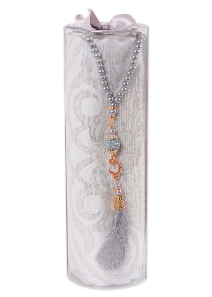DUHA SERİSİ 2'li SET (Silindir Asetat  Pamuk Seccade+ İnci Tespih 24.5X8 ) GRİ
