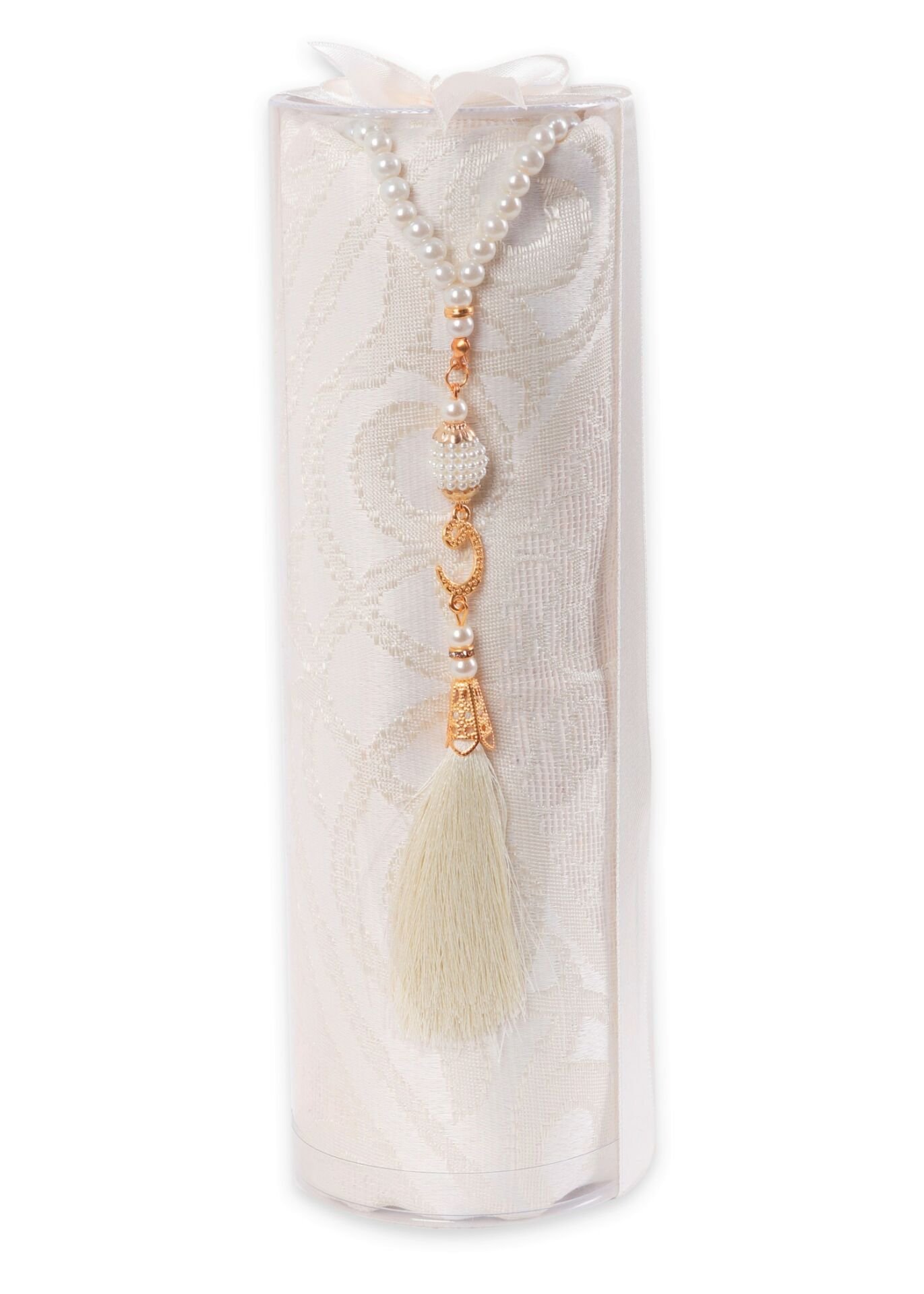 DUHA SERİSİ 2'li SET (Silindir Asetat  Pamuk Seccade+ İnci Tespih 24.5X8 ) KREM