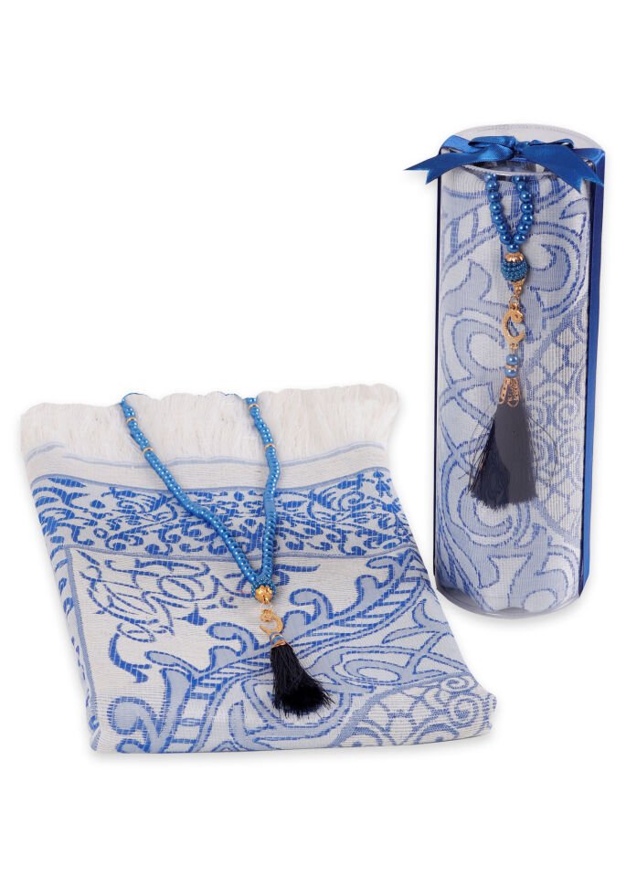 DUHA SERİSİ 2'li SET (Silindir Asetat  Pamuk Seccade+ İnci Tespih 24.5X8 ) SAKS