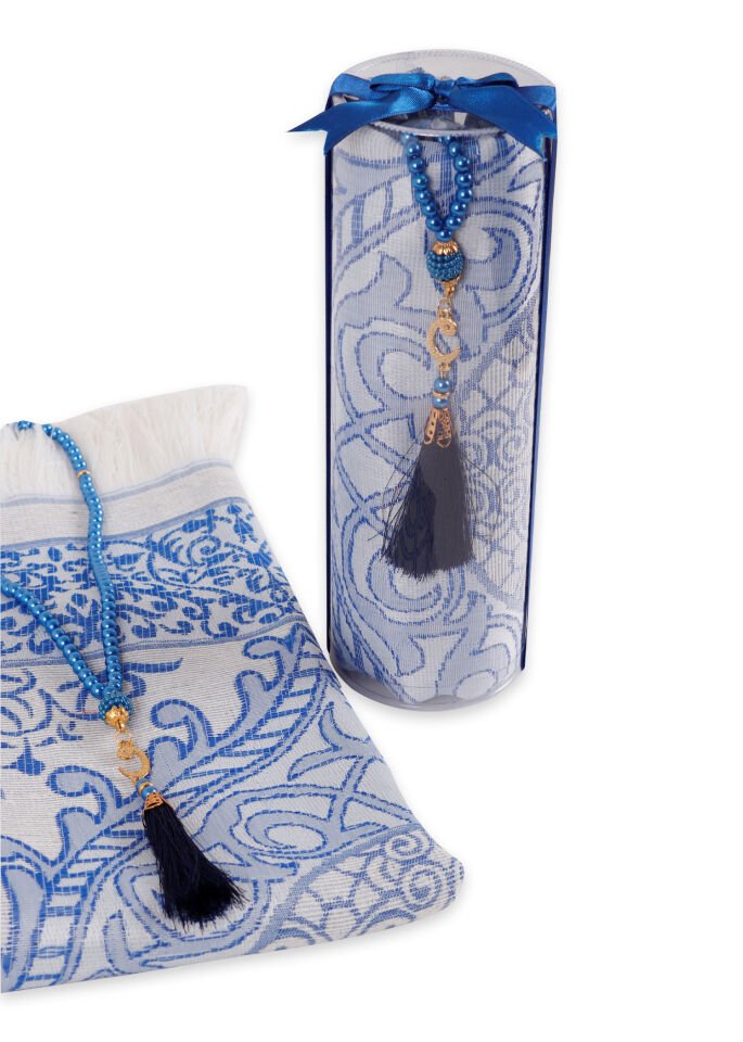 DUHA SERİSİ 2'li SET (Silindir Asetat  Pamuk Seccade+ İnci Tespih 24.5X8 ) SAKS