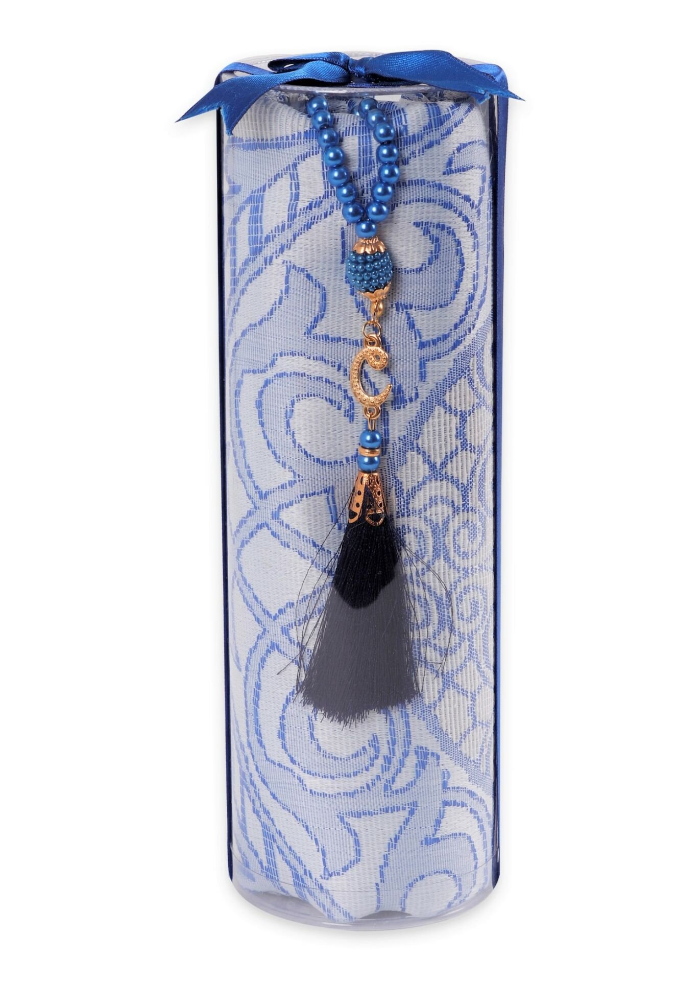 DUHA SERİSİ 2'li SET (Silindir Asetat  Pamuk Seccade+ İnci Tespih 24.5X8 ) SAKS