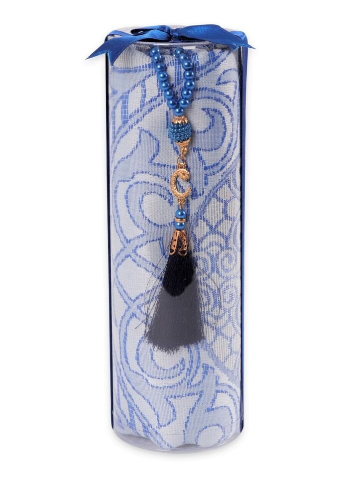 DUHA SERİSİ 2'li SET (Silindir Asetat  Pamuk Seccade+ İnci Tespih 24.5X8 ) SAKS