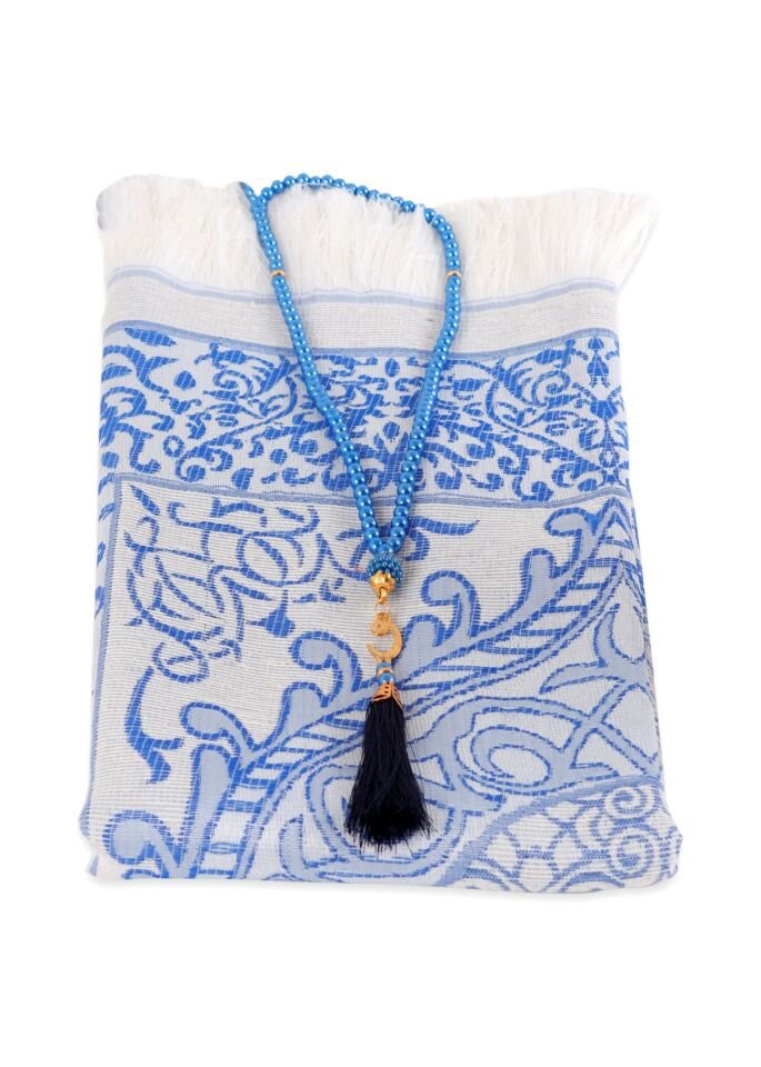 DUHA SERİSİ 2'li SET (Silindir Asetat  Pamuk Seccade+ İnci Tespih 24.5X8 ) SAKS