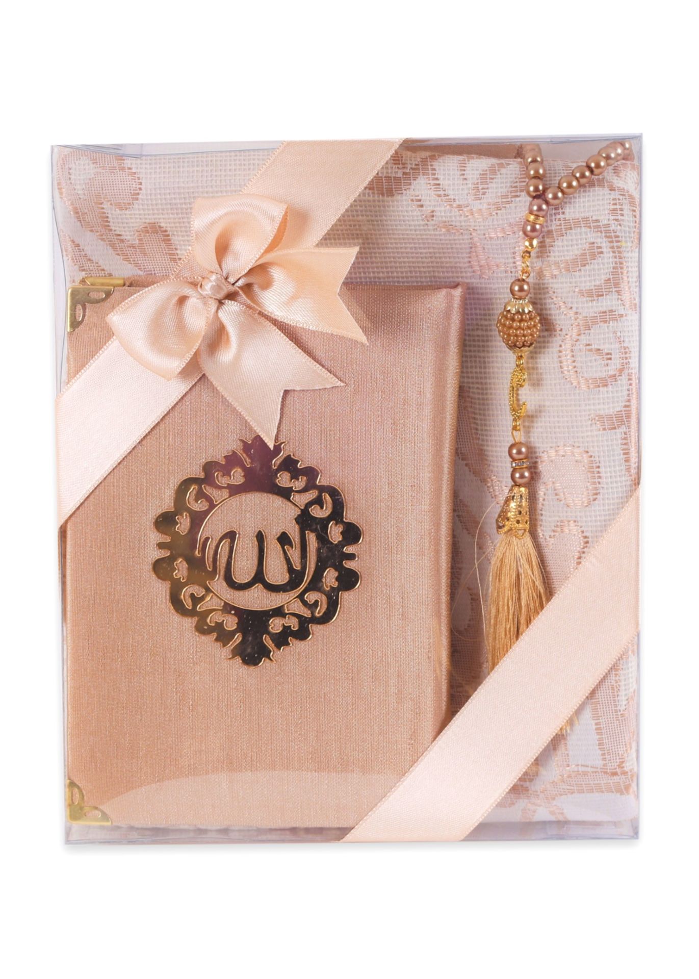 ASEL SERİSİ 3'lü SET (Pamuk Seccade + İnci Tespih + Şantuk Kuran) NO:2 GOLD