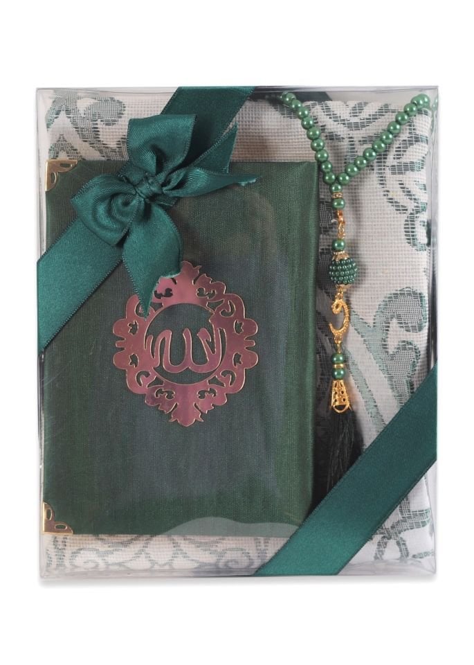 ASEL SERİSİ 3'lü SET (Pamuk Seccade + İnci Tespih + Şantuk Kuran) NO:2 YEŞİL