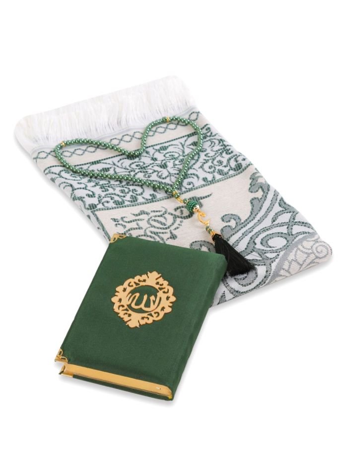 ASEL SERİSİ 3'lü SET (Pamuk Seccade + İnci Tespih + Şantuk Kuran) NO:2 YEŞİL