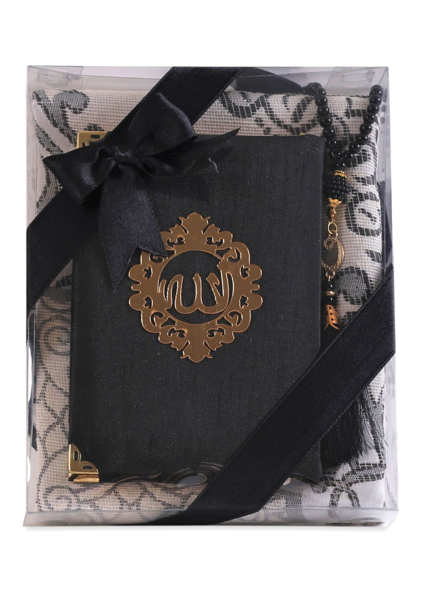 ASEL SERİSİ 3'lü SET (Pamuk Seccade + İnci Tespih + Şantuk Kuran) NO:2 SİYAH