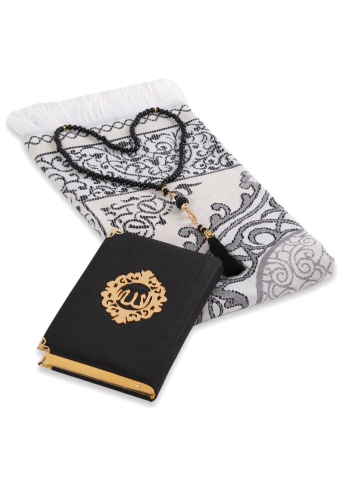 ASEL SERİSİ 3'lü SET (Pamuk Seccade + İnci Tespih + Şantuk Kuran) NO:2 SİYAH