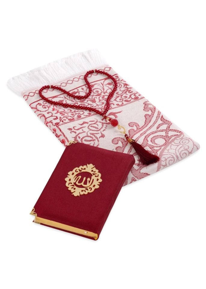ASEL SERİSİ 3'lü SET (Pamuk Seccade + İnci Tespih + Şantuk Kuran) NO:2 BORDO