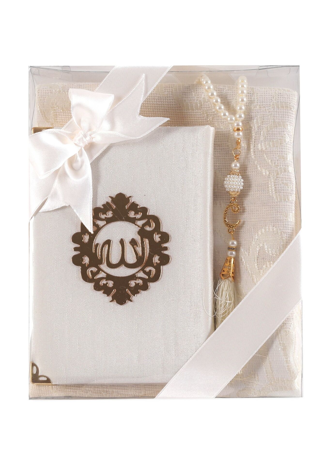 ASEL SERİSİ 3'lü SET (Pamuk Seccade + İnci Tespih + Şantuk Kuran) NO:2 KREM