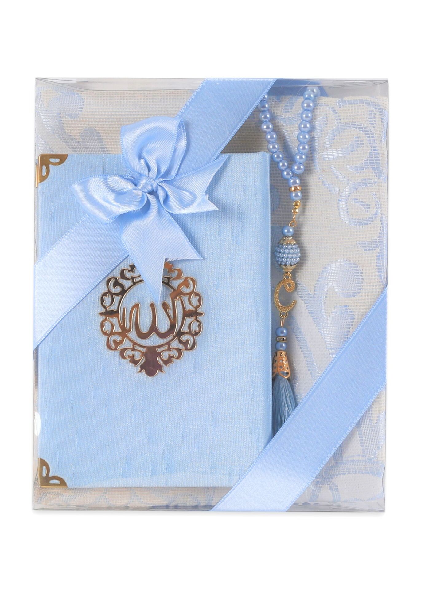 ASEL SERİSİ 3'lü SET (Pamuk Seccade + İnci Tespih + Şantuk Kuran) NO:2 BEBE MAVİ