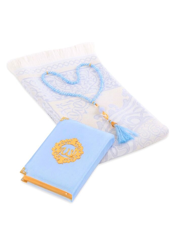 ASEL SERİSİ 3'lü SET (Pamuk Seccade + İnci Tespih + Şantuk Kuran) NO:2 BEBE MAVİ