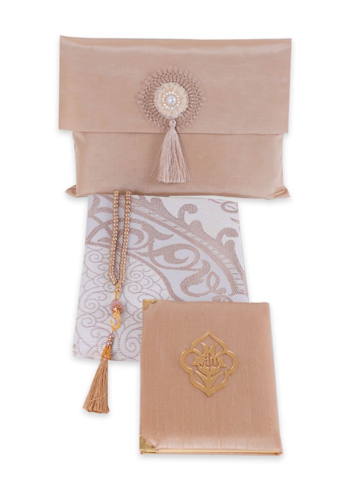 Büyük Şantuk Çanta Full Set Çiçekli (Yasin+Seccade+Tespih) GOLD