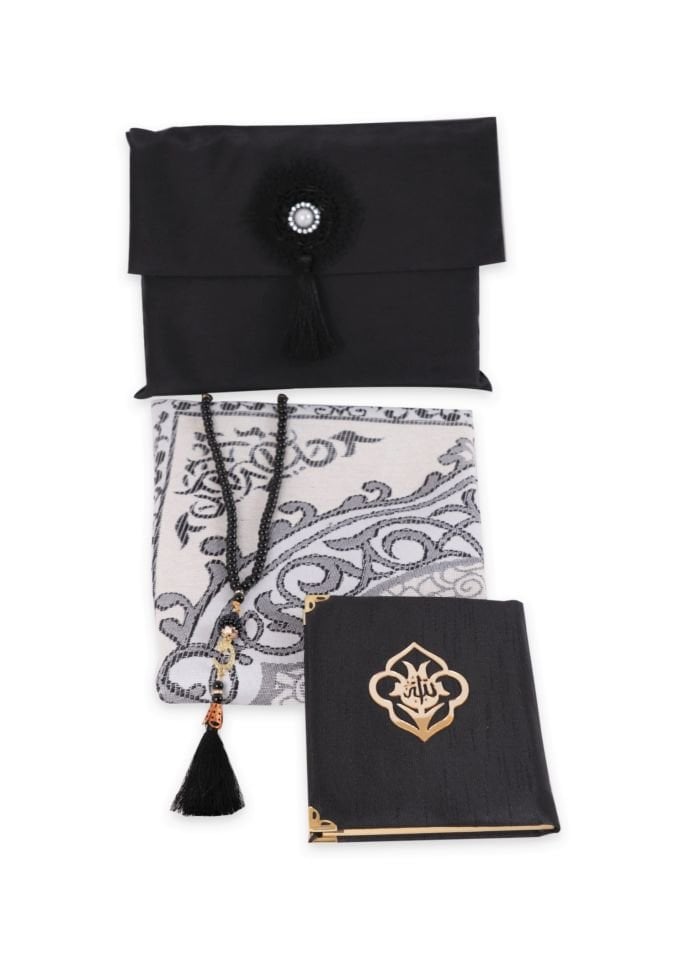 Büyük Şantuk Çanta Full Set Çiçekli (Yasin+Seccade+Tespih) SİYAH