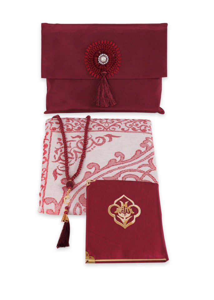 Büyük Şantuk Çanta Full Set Çiçekli (Yasin+Seccade+Tespih) BORDO
