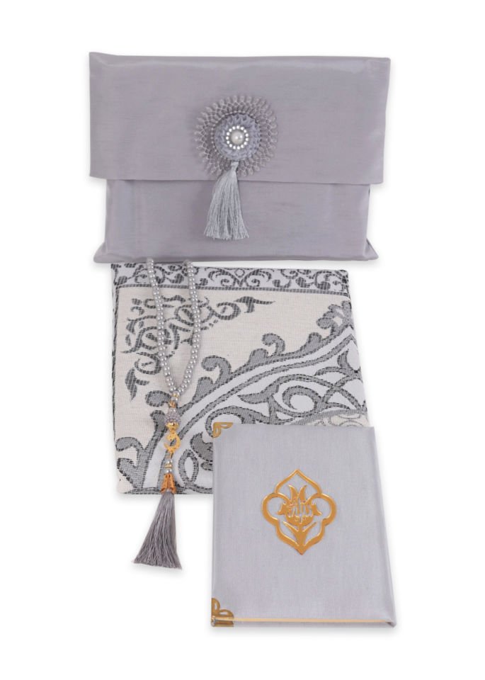 Büyük Şantuk Çanta Full Set Çiçekli (Yasin+Seccade+Tespih) GRİ