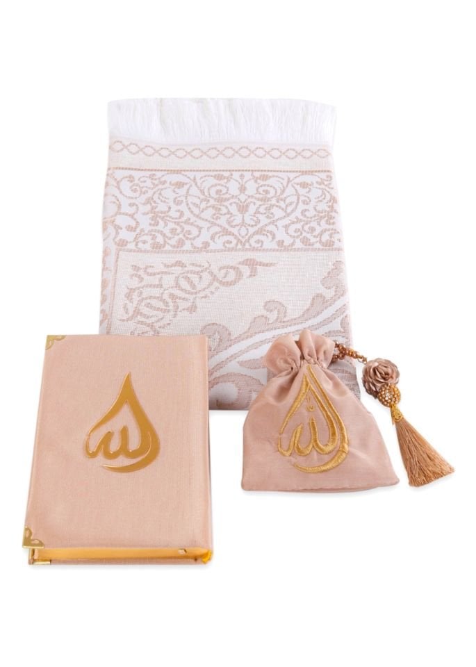 HÜMA SERİSİ 4'lü SET (Asetat Kutulu Seccade +Kuran + Nakış Kese + Disko Top Tespih) NO:2 GOLD