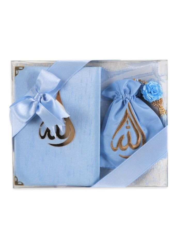 HÜMA SERİSİ 4'lü SET (Asetat Kutulu Seccade +Kuran + Nakış Kese + Disko Top Tespih) NO:2 BEBE MAVİ