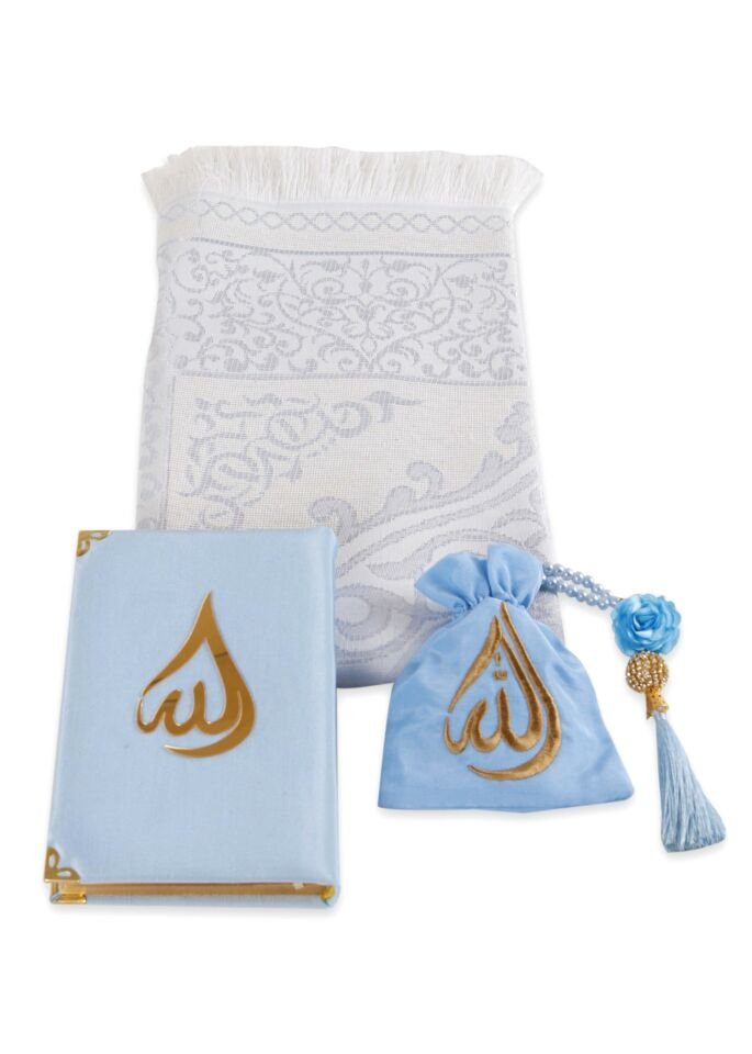 HÜMA SERİSİ 4'lü SET (Asetat Kutulu Seccade +Kuran + Nakış Kese + Disko Top Tespih) NO:2 BEBE MAVİ