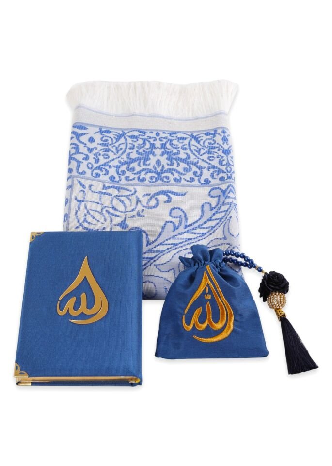 HÜMA SERİSİ 4'lü SET (Asetat Kutulu Seccade +Kuran + Nakış Kese + Disko Top Tespih) NO:2 LACİVERT
