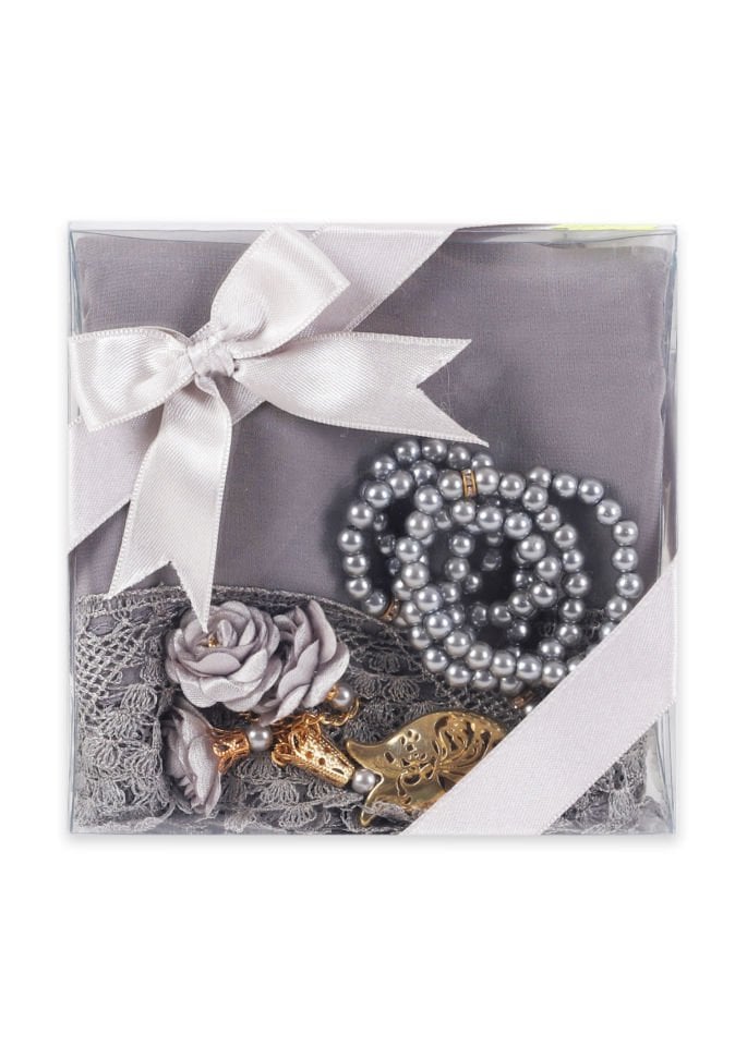 Asetat Set (Güpürlü Şal+İnci Tespih) GRİ