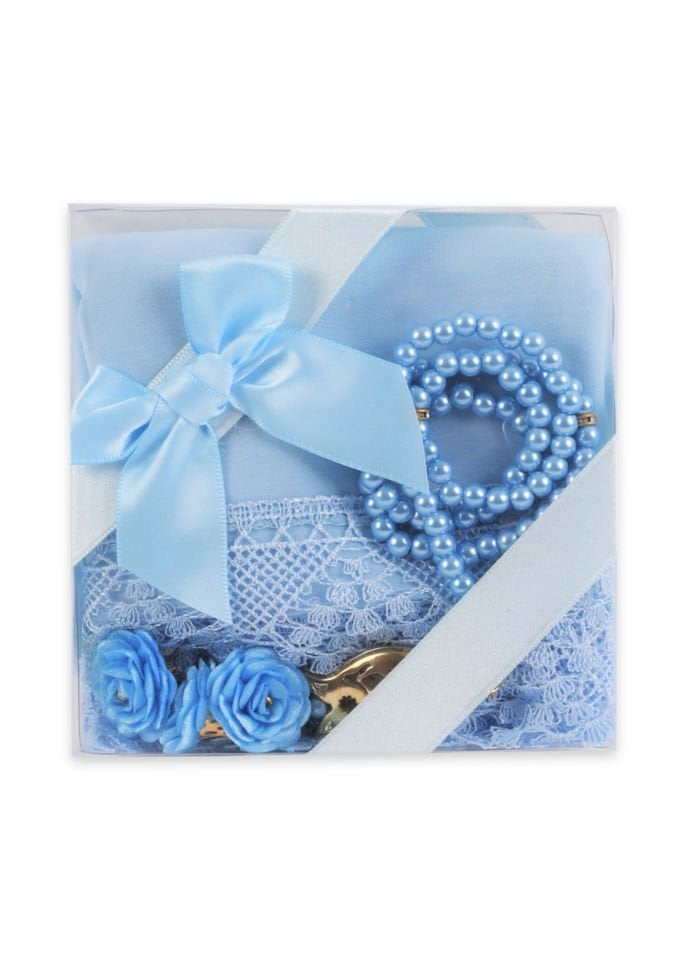 Asetat Set (Güpürlü Şal+İnci Tespih) BEBE MAVİ