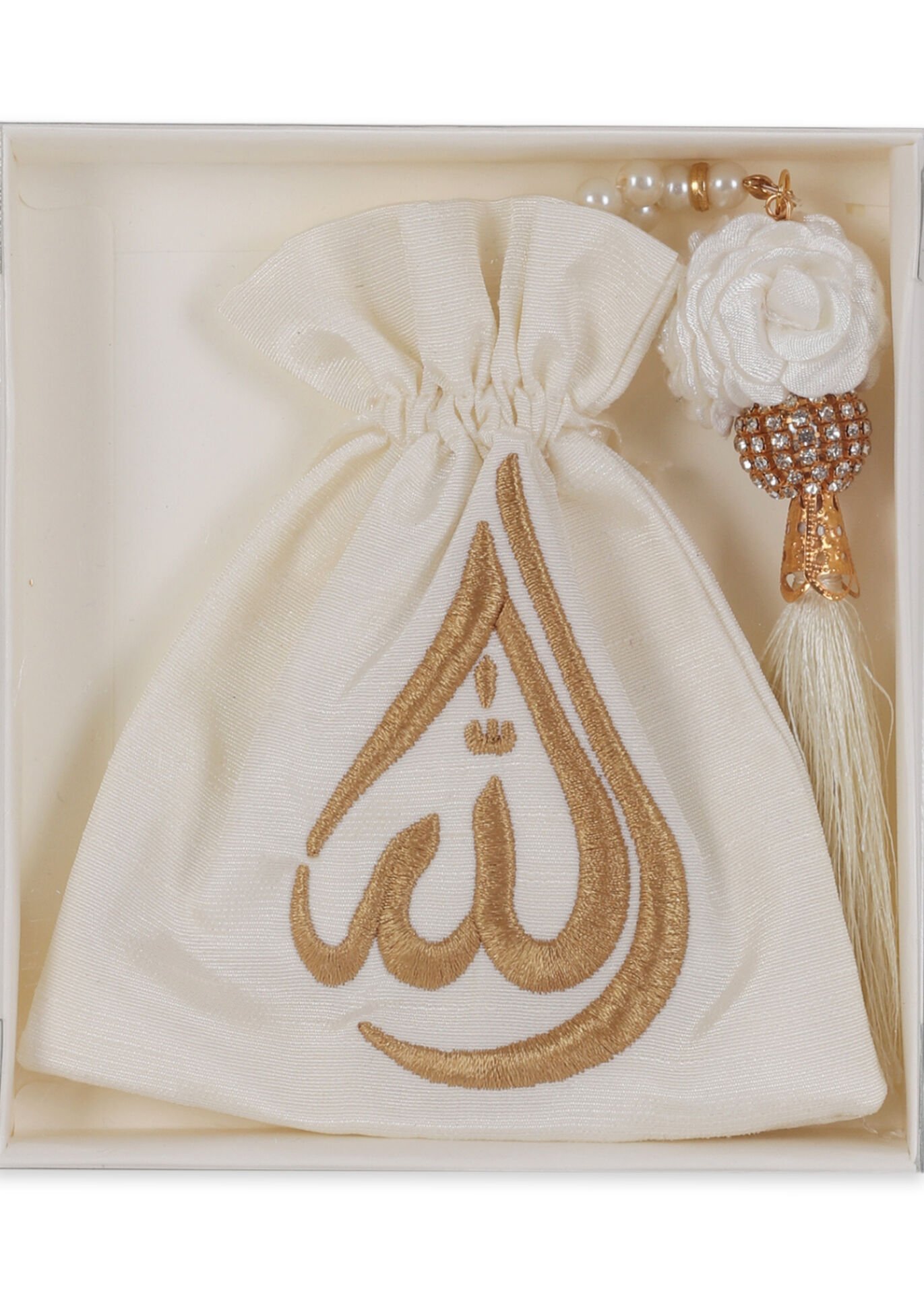 Kutulu İşlemeli Kese+Disko Toplu Tespih KREM